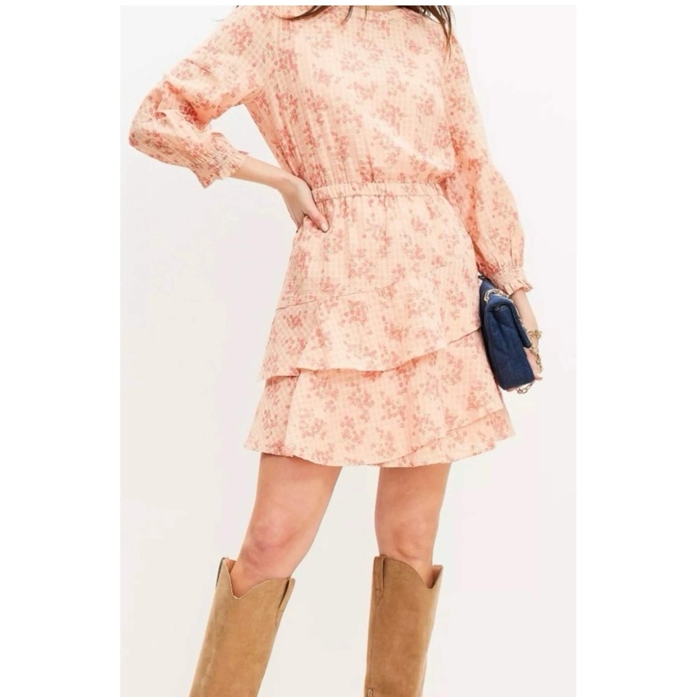 LOFT Floral Tiered Ruffle 100% Cotton Mini Dress Large Peach Cottagecore Boho L